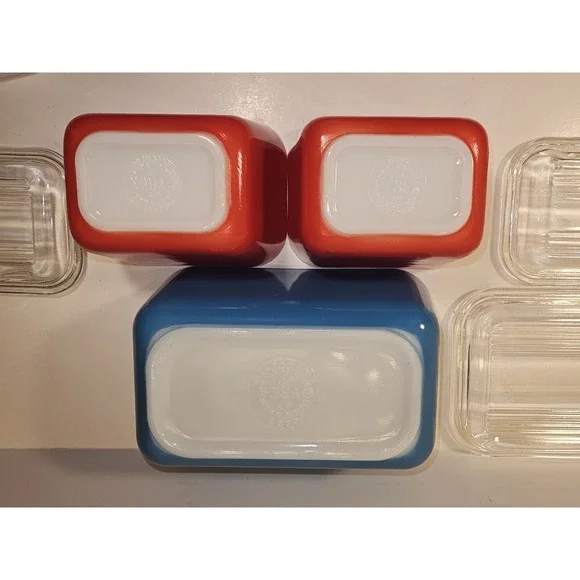 Vintage PYREX Refrigerator Dishes 3 Piece Set W 2 Lids 501, 502 Primary Colors - Picture 12 of 16